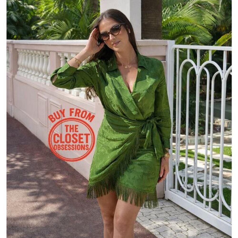 Zara Green Satin Jacquard Wrap Mini Dress NWT Long Sleeve Tie Waist Dress